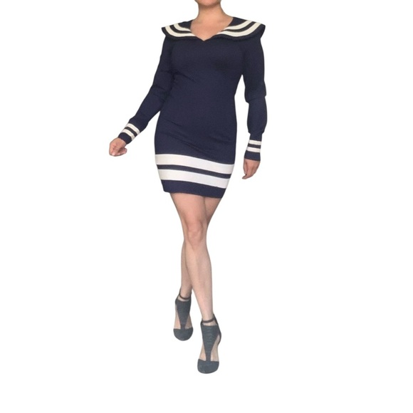 Navy & White Nautical Bodycon Dress – Size M - Picture 8 of 10